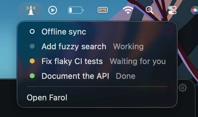 Farol's menu bar lighthouse listing sessions and their current status