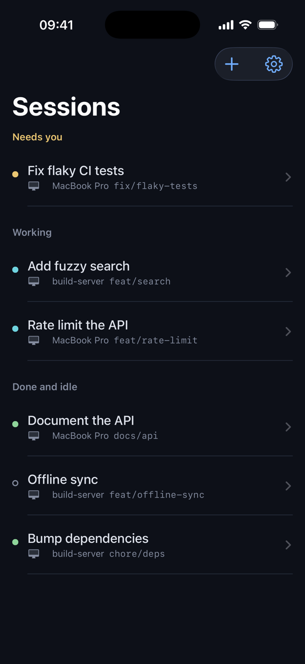 Farol for iPhone listing agent sessions from a MacBook Pro and a server, each with its status