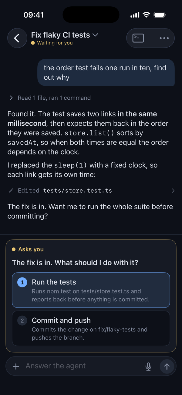 Farol for iPhone showing a Claude Code session waiting for you, with its question and two answers to pick with a tap